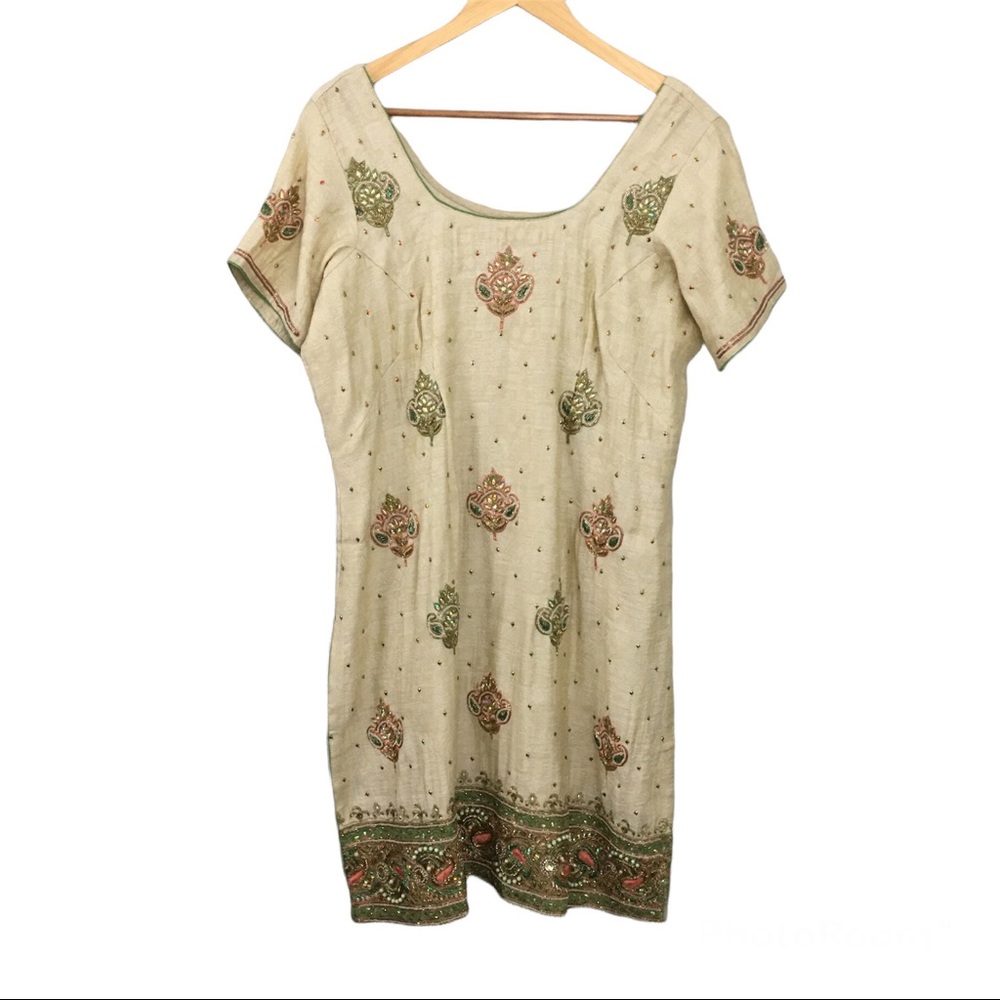 Handmade Sequin Beaded Rhinestone Embroidered Short Sleeve Lagan Long Tunic Top